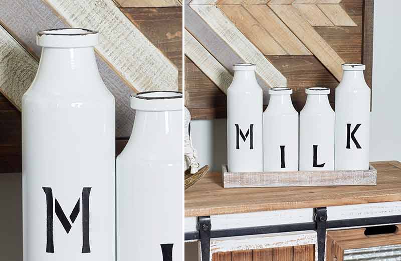 Distressed Enamel Milk Bottles With Wood Tray