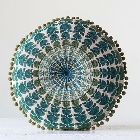 Chambray Pillow with Pom Poms