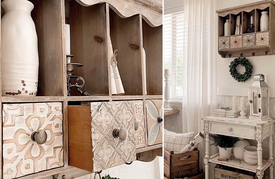 Ornate Wooden Wall Shelf with Cubbies and Hooks