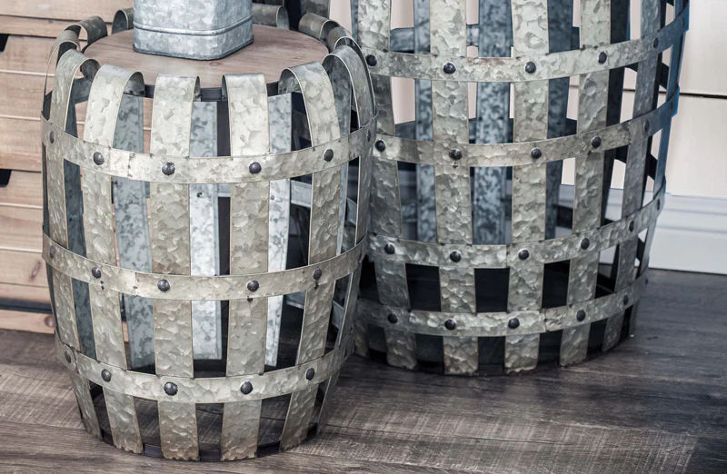 Woven Metal Drum Accent Table  Set of 2