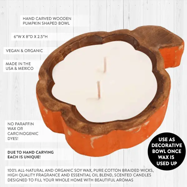 Hand-Carved Wooden Pumpkin Bowl with Candle