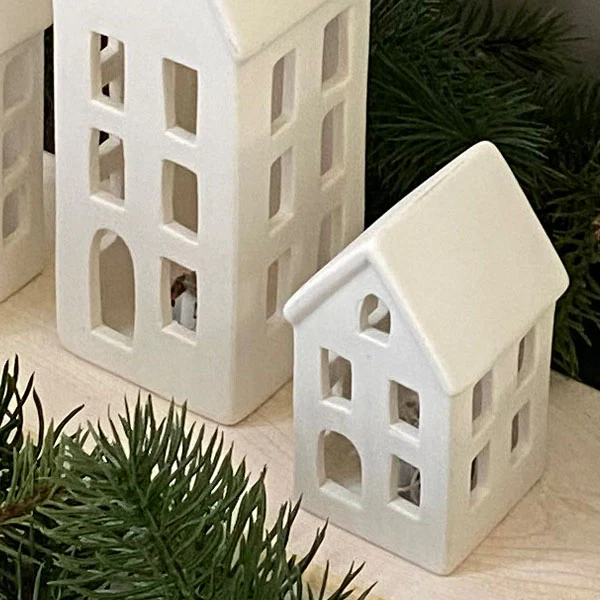 Modern Stoneware Lighted Houses, Set of 3