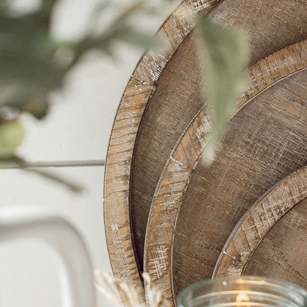 Round Whitewashed Wooden Trays with Handles, Set of 3