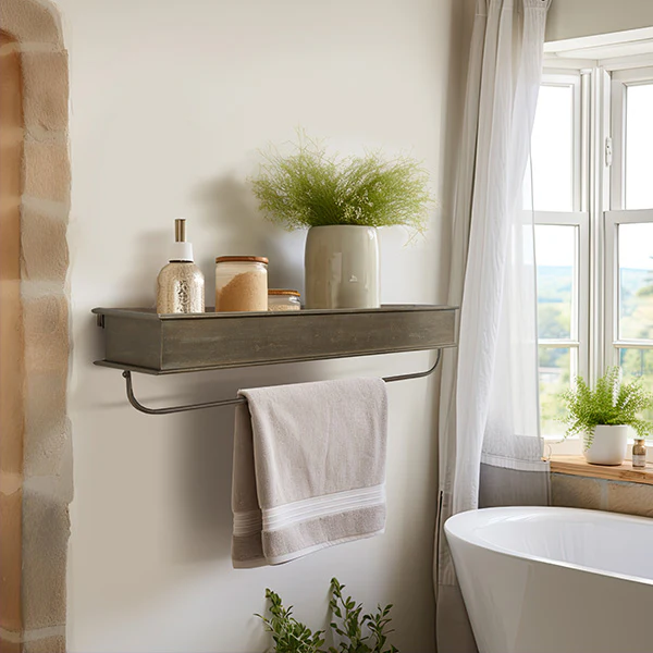 Rustic Metal Trough Shelf with Towel Bar