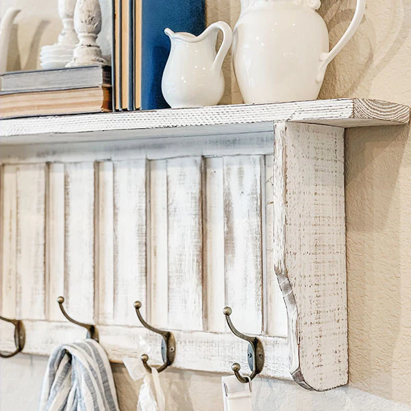 Distressed Mudroom Wall Shelf with Hooks