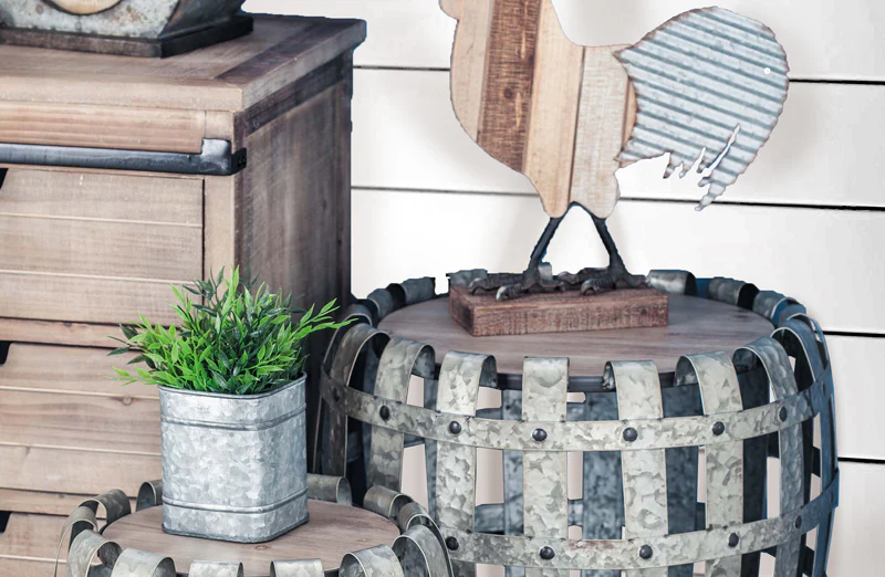 Woven Metal Drum Accent Table  Set of 2