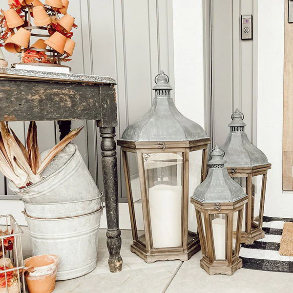 Wood and Galvanized Metal Lanterns, Set of 3