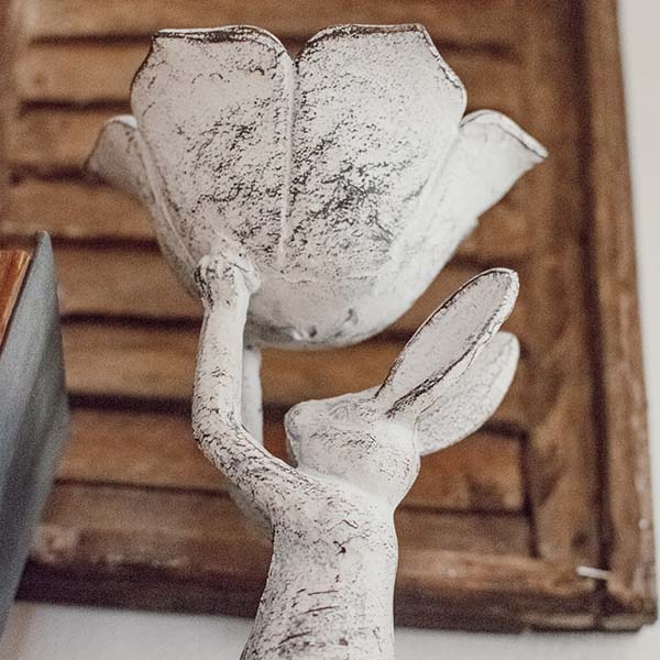 Distressed Antique White Cast Iron Rabbit Bird Feeder