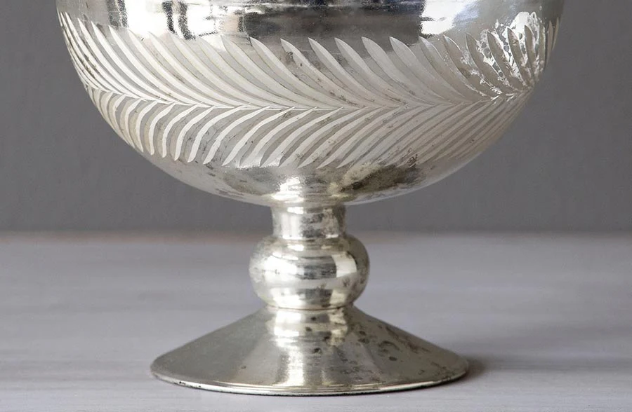 Mercury Glass Wreath Etched Compote