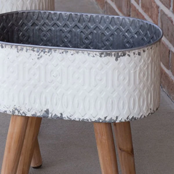 Embossed Metal Planters with Wood Legs, Set of 2