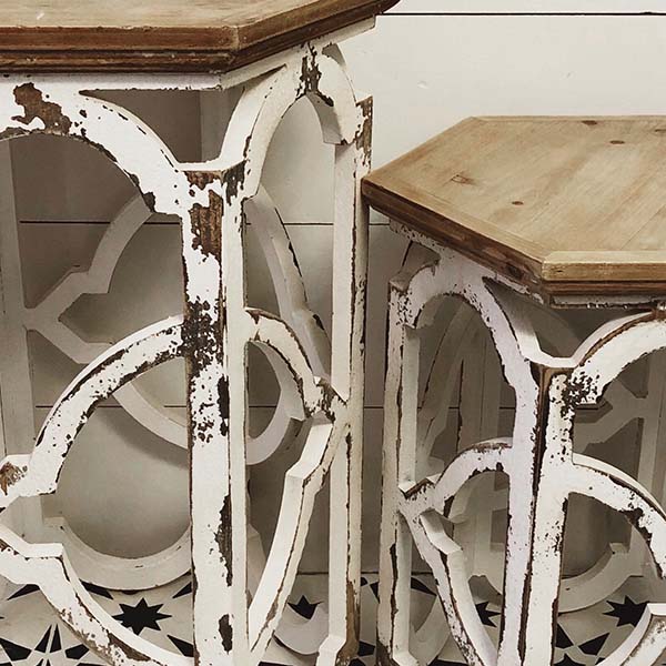 Distressed Wooden Scalloped Side Tables, Set of 2 - DES Exclusive