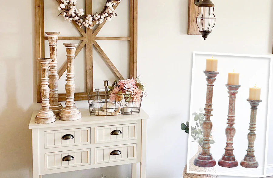 Chunky Wooden Carved Candle Holders, Set of 3