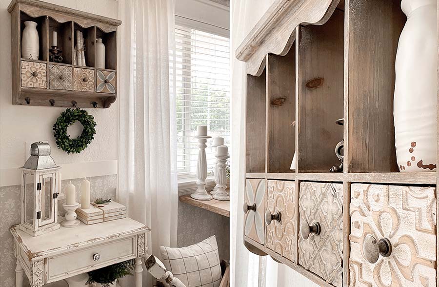 Ornate Wooden Wall Shelf with Cubbies and Hooks