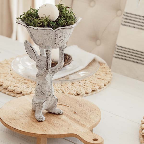 Distressed Antique White Cast Iron Rabbit Bird Feeder