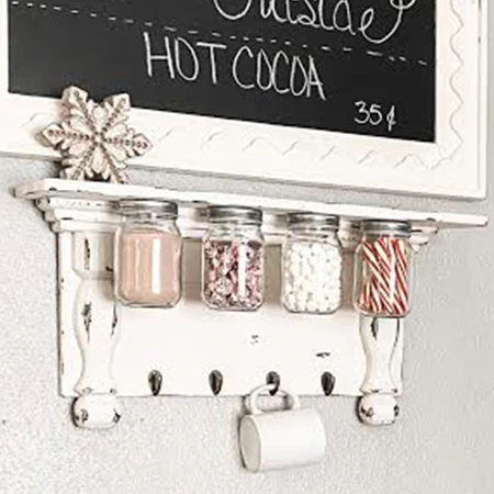 Chippy White Wooden Shelf with Hanging Mason Jars