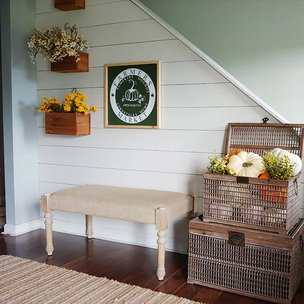 Wood and Burlap Cushioned Bench