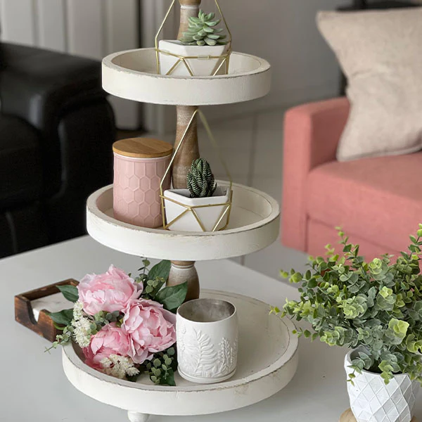 Distressed White Wood Tiered Tray