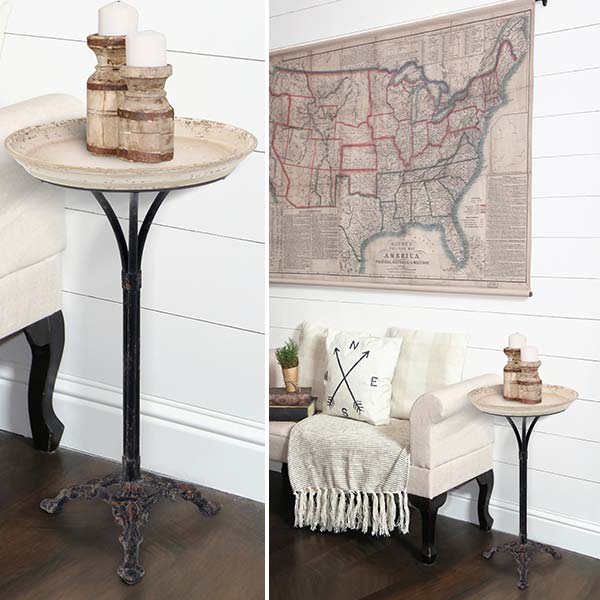Antique Distressed Round Tray End Table