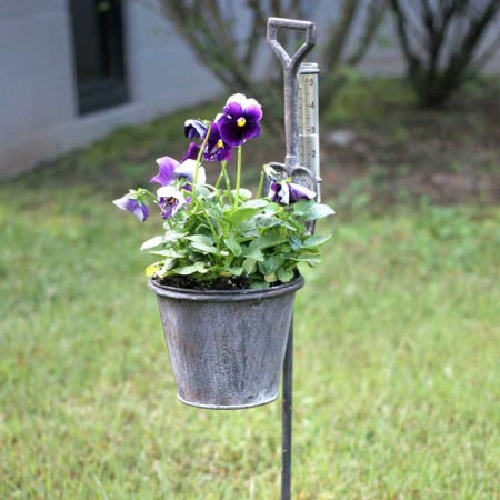 Distressed Pail on Stand with Rain Gauge