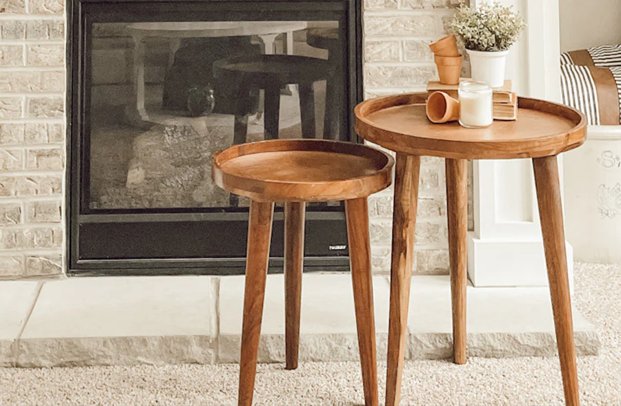 Brown Wooden Tri Leg Contemporary Accent Table, Set of 2