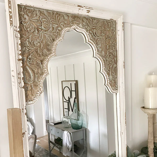 HUGE Scalloped Mirror with Distressed Wooden Frame