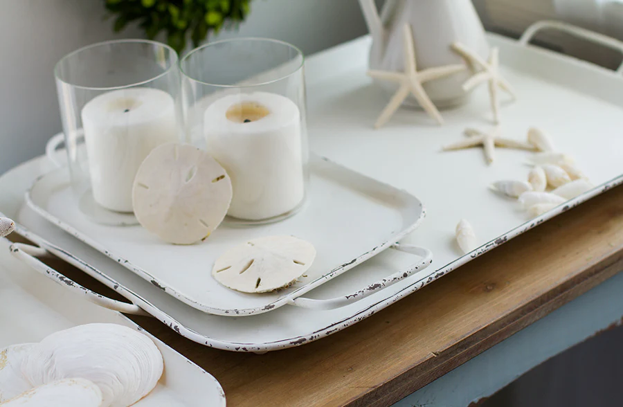 Distressed White Metal Trays, Set of 3