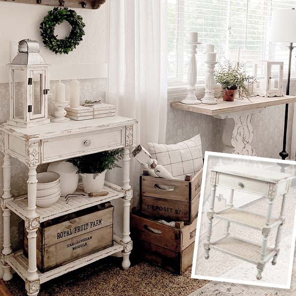 European Country Whitewashed Accent Table with Drawer