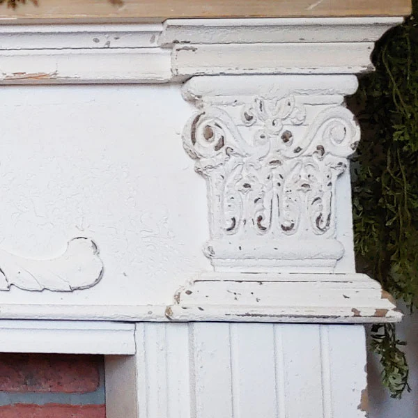 Antique Inspired Whitewashed Wooden Fireplace Mantel