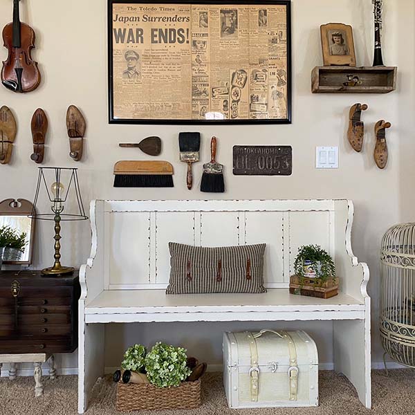 Distressed Ivory Pew Bench