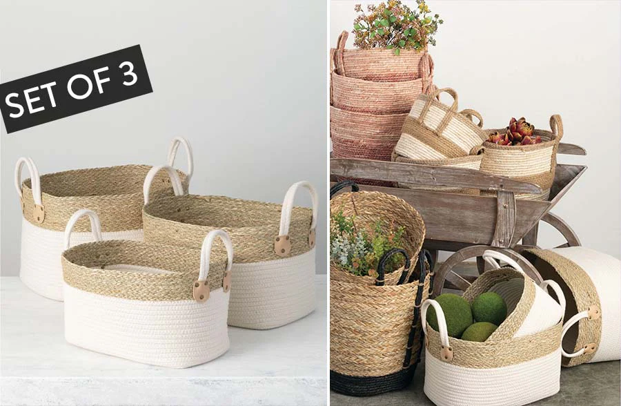 Natural and White Seagrass Baskets, Set of 3