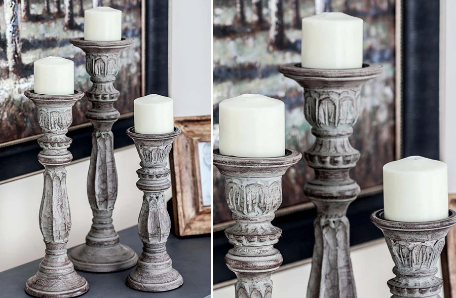 Traditional Distressed Dark Gray Wood Candle Holders, Set of 3