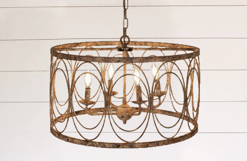 HUGE Distressed Rustic Drum Cage Chandelier
