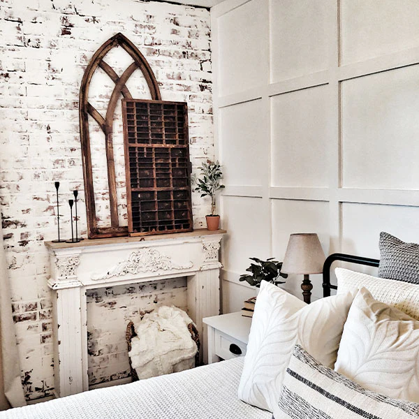 Antique Inspired Whitewashed Wooden Fireplace Mantel