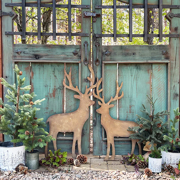HUGE Rusted Patina Reindeer Yard Stakes, Set of 2