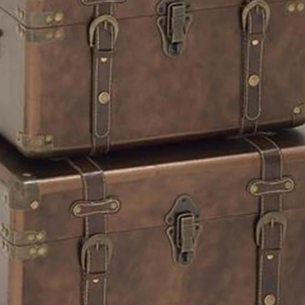 Brown Leather Traditional Trunks, Set of 3