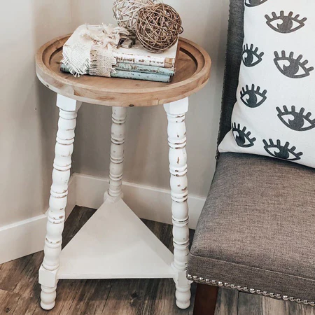 Distressed White Wood Round Accent Table with Removable Tray Top