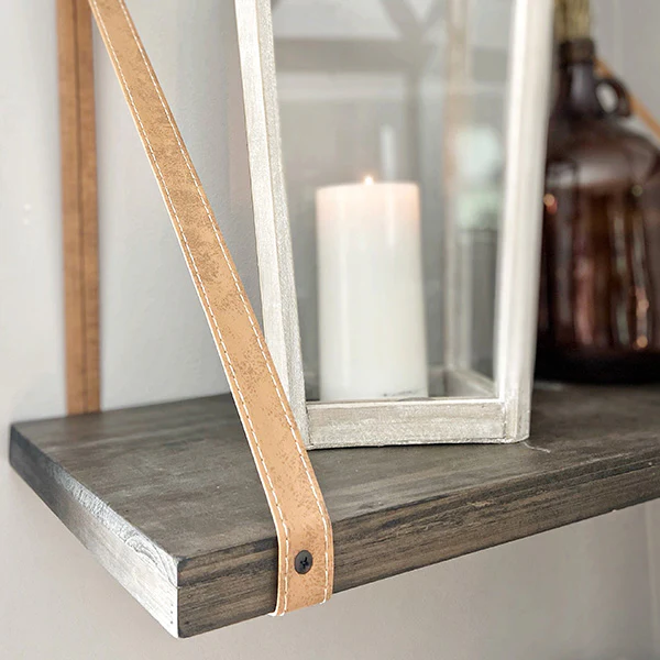 Floating Wall Shelf with Faux Leather Straps