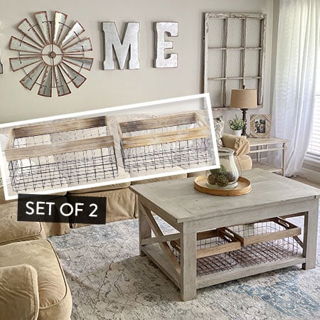 Wooden Framed Wire Baskets, Set of 2