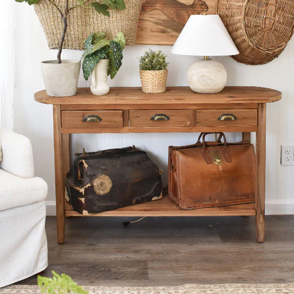 Natural Wood Console Table, Weathered with Drawers, Farmhouse
