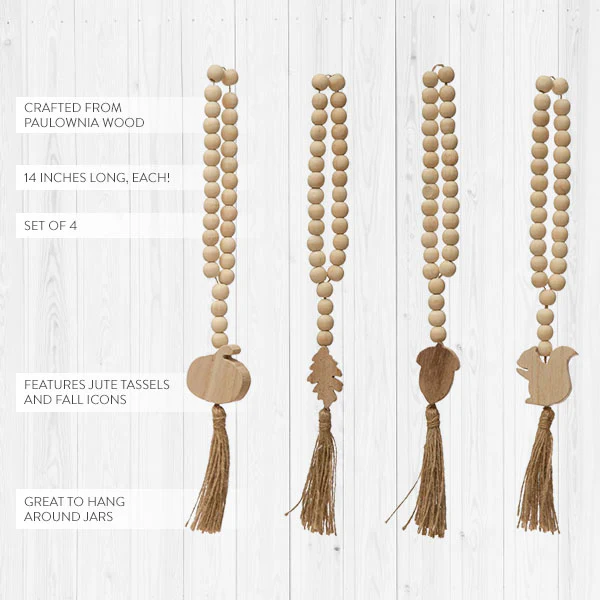 Paulownia Wood Bead Loop Garland with Fall Icon and Jute Tassel, Set of 4