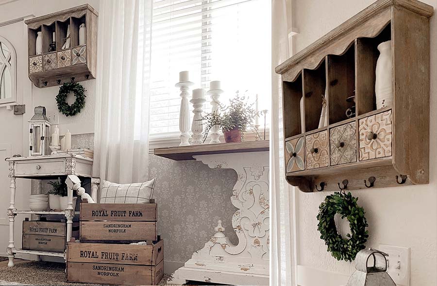 Ornate Wooden Wall Shelf with Cubbies and Hooks