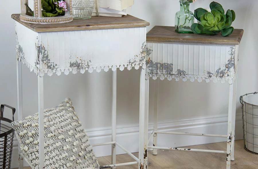 Distressed Scalloped Edge Side Tables, Set of 2