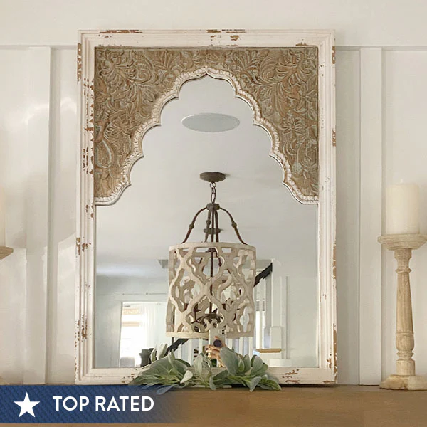 HUGE Scalloped Mirror with Distressed Wooden Frame