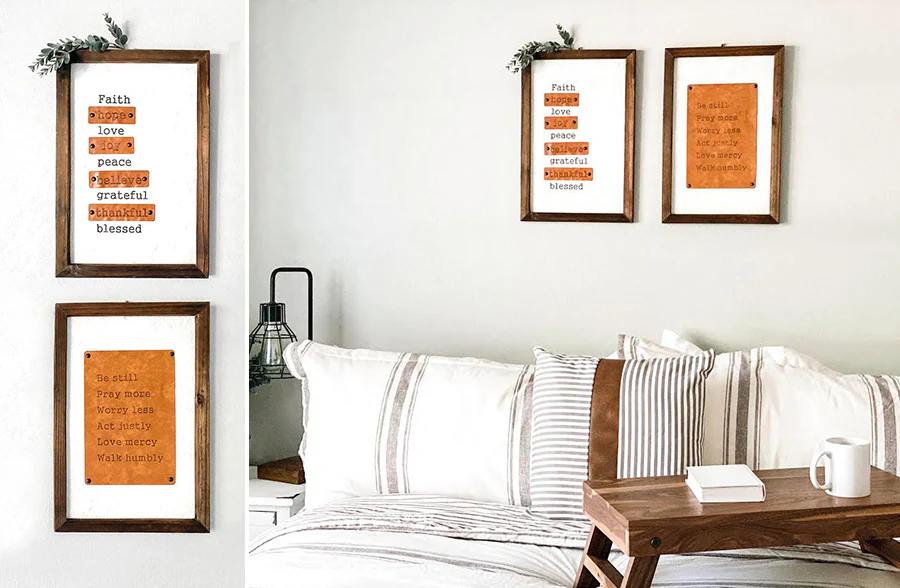 Wooden Framed Leather Patchwork Art, Set of 2