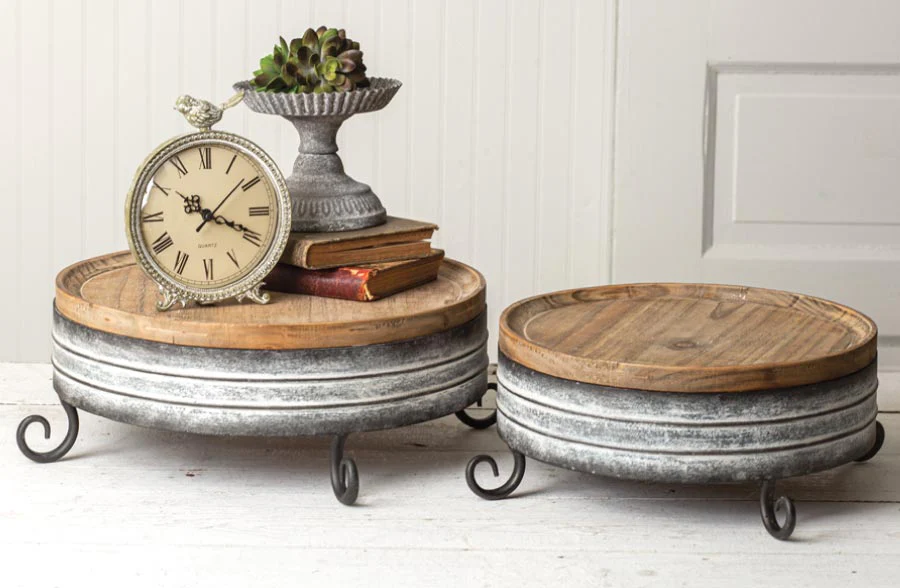 Round Metal Risers with Wooden Tops, Set of 2