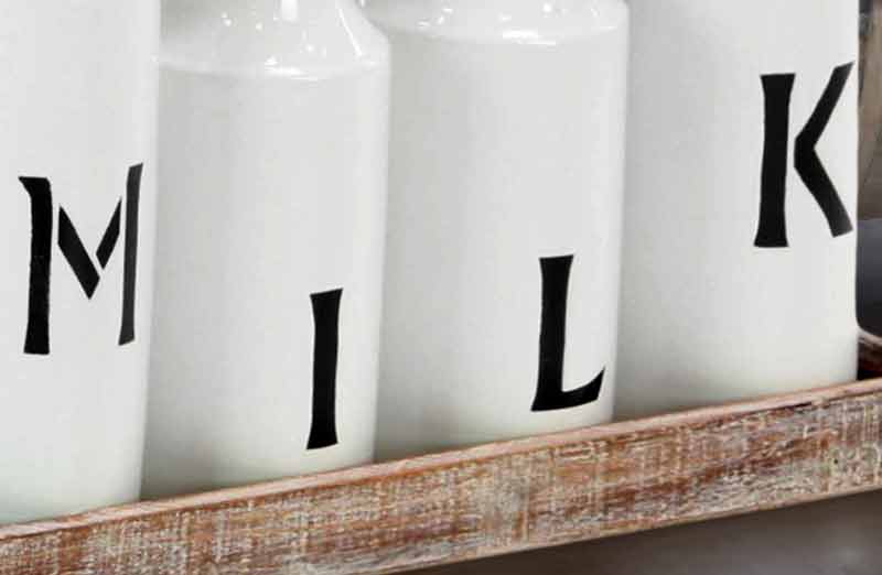 Distressed Enamel Milk Bottles With Wood Tray
