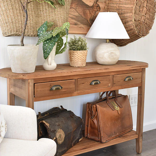Natural Wood Console Table, Weathered with Drawers, Farmhouse