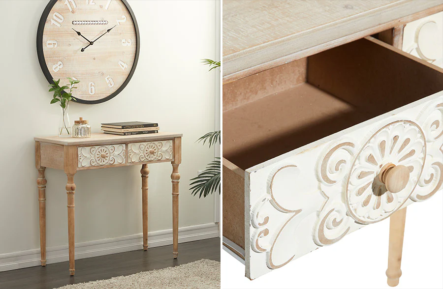 Ornate Carved Wooden Table with Drawers