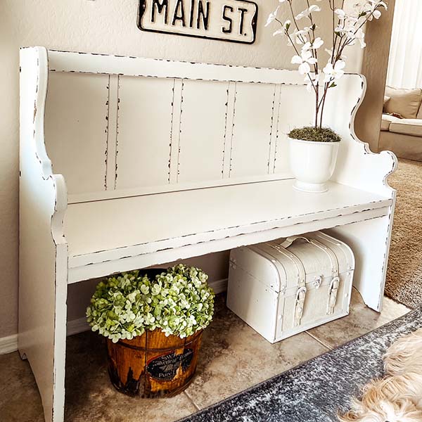 Distressed Ivory Pew Bench