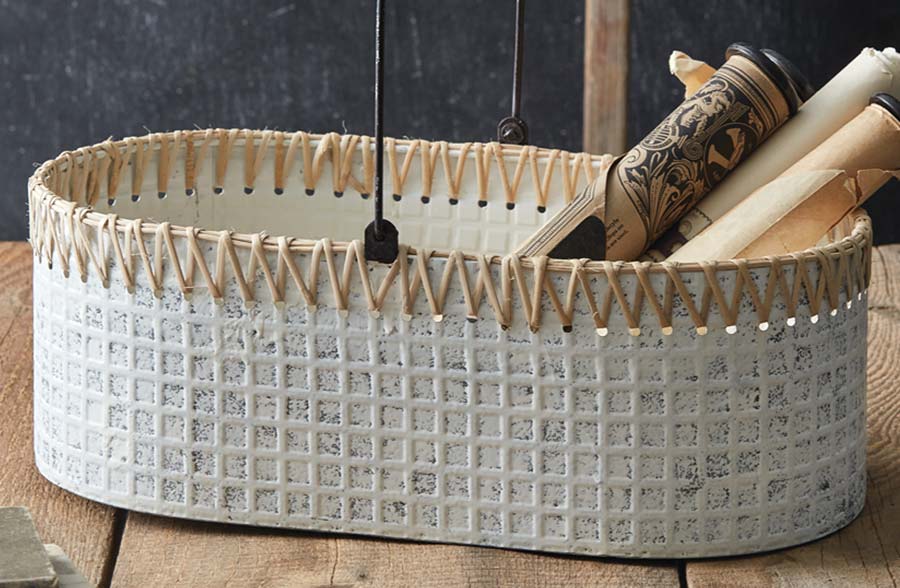 Whitewashed Metal And Cane Basket with Handle